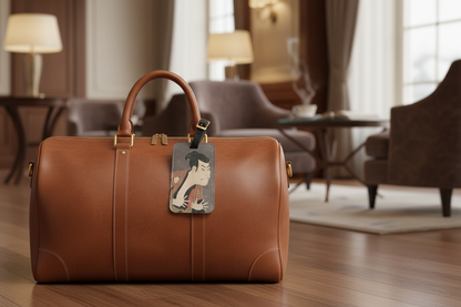 Ukiyo-e luggage tag by Sharaku on a luxury leather travel bag