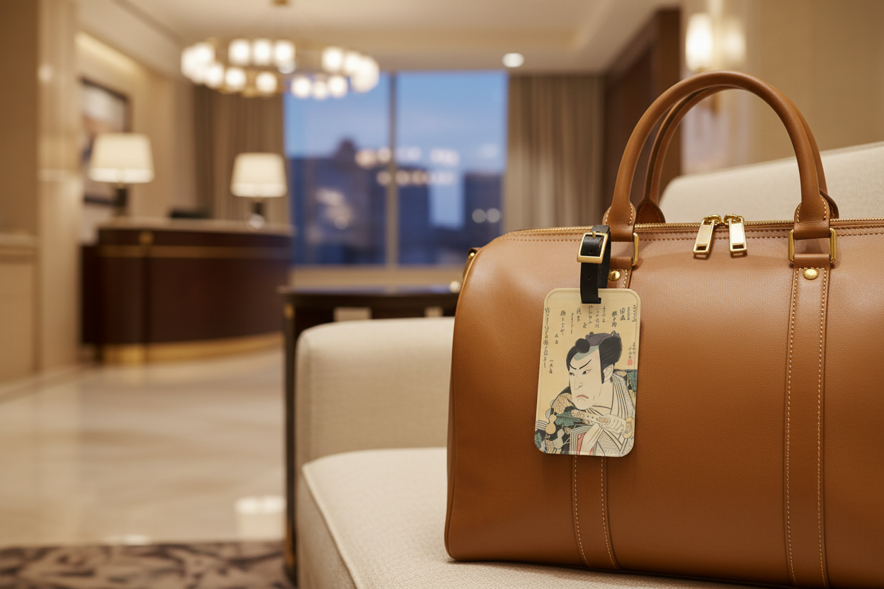 Ukiyo-e luggage tag featuring Hokushū's Kabuki actor portrait on a luxury leather travel bag